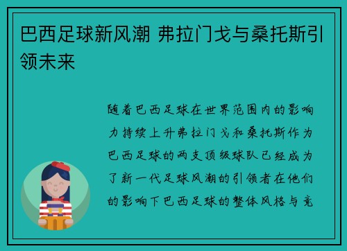 巴西足球新风潮 弗拉门戈与桑托斯引领未来